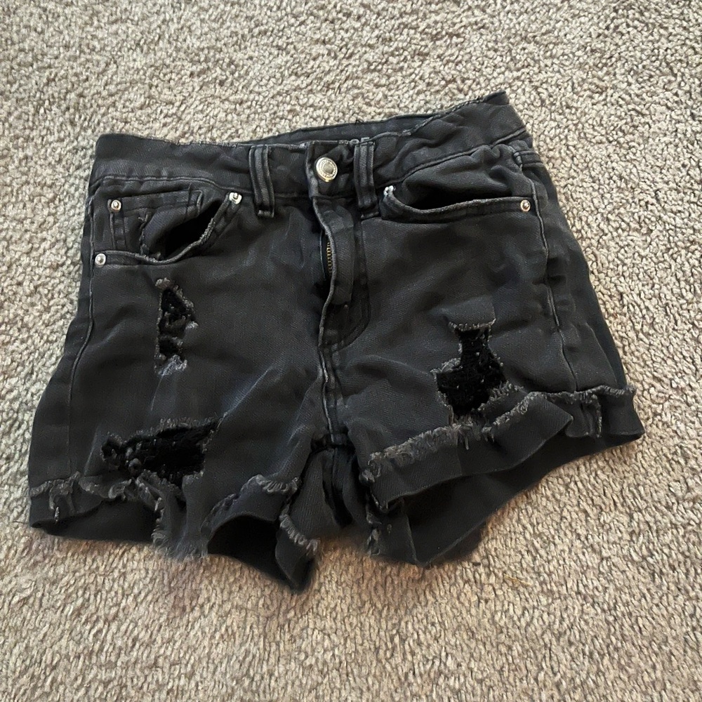 Distressed Black Denim Shorts